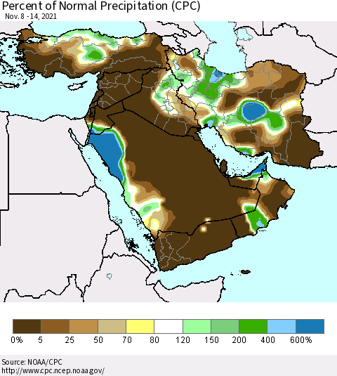 Middle East and Turkey Percent of Normal Precipitation (CPC) Thematic Map For 11/8/2021 - 11/14/2021