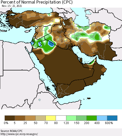 Middle East and Turkey Percent of Normal Precipitation (CPC) Thematic Map For 11/15/2021 - 11/21/2021
