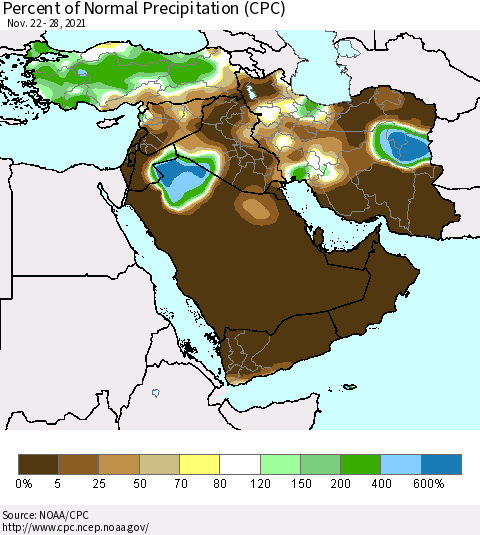 Middle East and Turkey Percent of Normal Precipitation (CPC) Thematic Map For 11/22/2021 - 11/28/2021