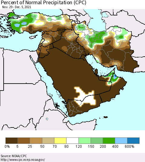 Middle East and Turkey Percent of Normal Precipitation (CPC) Thematic Map For 11/29/2021 - 12/5/2021