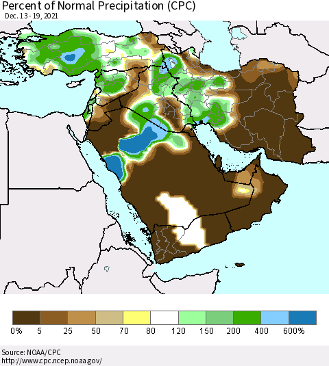 Middle East and Turkey Percent of Normal Precipitation (CPC) Thematic Map For 12/13/2021 - 12/19/2021