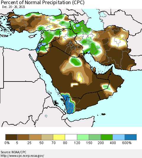 Middle East and Turkey Percent of Normal Precipitation (CPC) Thematic Map For 12/20/2021 - 12/26/2021