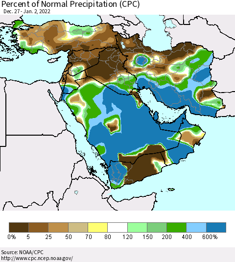 Middle East and Turkey Percent of Normal Precipitation (CPC) Thematic Map For 12/27/2021 - 1/2/2022