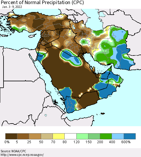 Middle East and Turkey Percent of Normal Precipitation (CPC) Thematic Map For 1/3/2022 - 1/9/2022