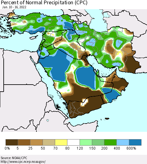 Middle East and Turkey Percent of Normal Precipitation (CPC) Thematic Map For 1/10/2022 - 1/16/2022