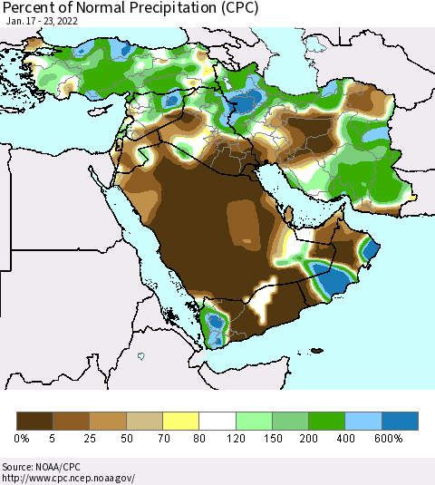 Middle East and Turkey Percent of Normal Precipitation (CPC) Thematic Map For 1/17/2022 - 1/23/2022