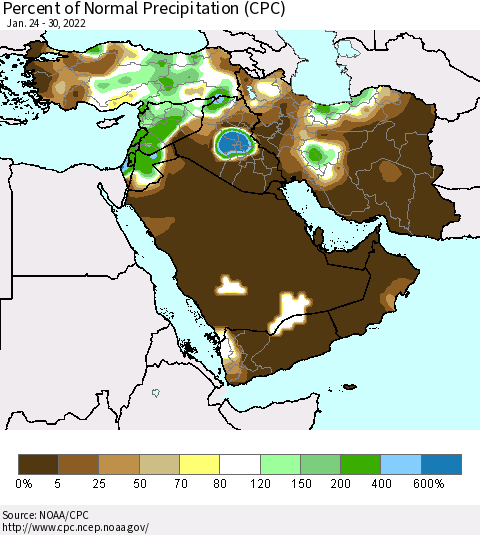 Middle East and Turkey Percent of Normal Precipitation (CPC) Thematic Map For 1/24/2022 - 1/30/2022