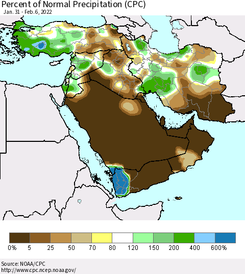 Middle East and Turkey Percent of Normal Precipitation (CPC) Thematic Map For 1/31/2022 - 2/6/2022