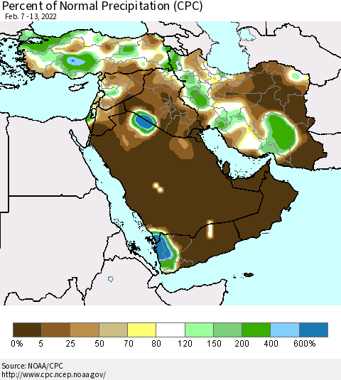Middle East and Turkey Percent of Normal Precipitation (CPC) Thematic Map For 2/7/2022 - 2/13/2022