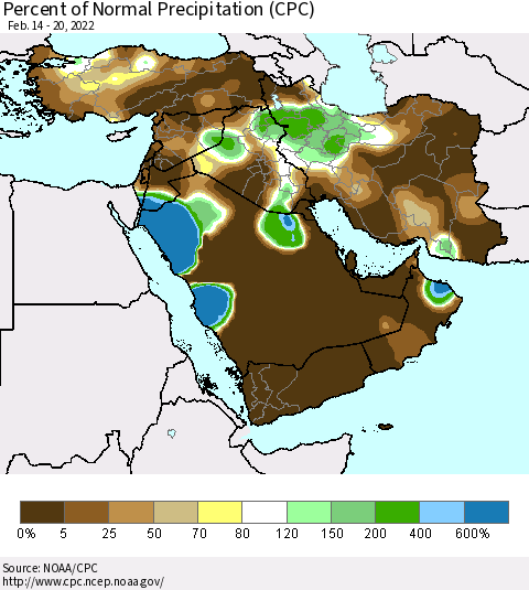 Middle East and Turkey Percent of Normal Precipitation (CPC) Thematic Map For 2/14/2022 - 2/20/2022