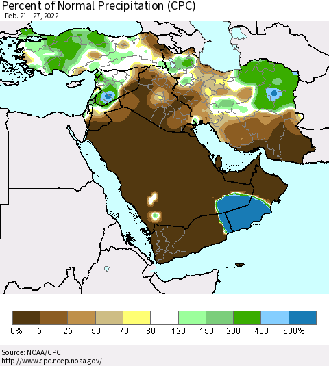 Middle East and Turkey Percent of Normal Precipitation (CPC) Thematic Map For 2/21/2022 - 2/27/2022