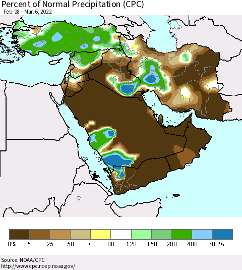 Middle East and Turkey Percent of Normal Precipitation (CPC) Thematic Map For 2/28/2022 - 3/6/2022