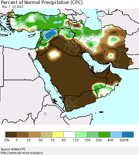 Middle East and Turkey Percent of Normal Precipitation (CPC) Thematic Map For 3/7/2022 - 3/13/2022