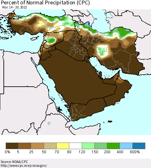 Middle East and Turkey Percent of Normal Precipitation (CPC) Thematic Map For 3/14/2022 - 3/20/2022