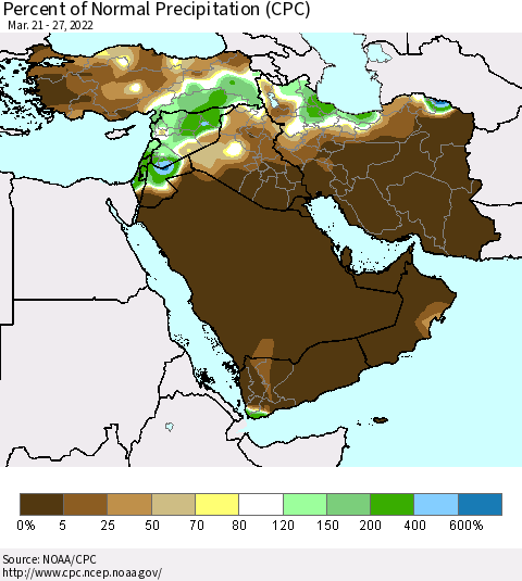Middle East and Turkey Percent of Normal Precipitation (CPC) Thematic Map For 3/21/2022 - 3/27/2022