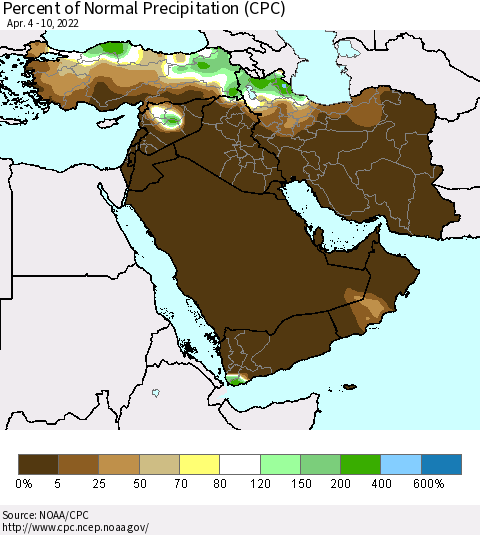 Middle East and Turkey Percent of Normal Precipitation (CPC) Thematic Map For 4/4/2022 - 4/10/2022