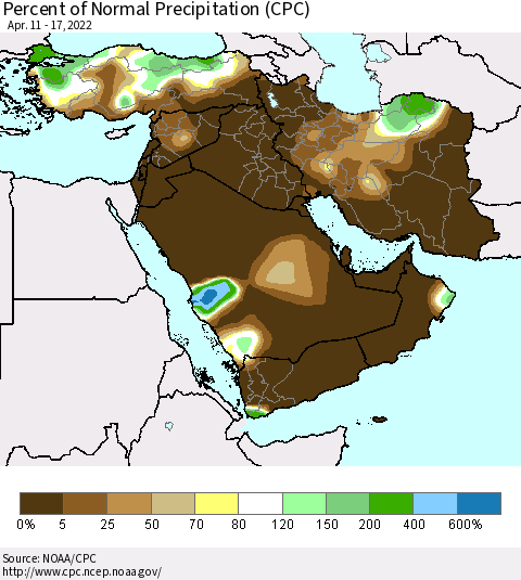 Middle East and Turkey Percent of Normal Precipitation (CPC) Thematic Map For 4/11/2022 - 4/17/2022