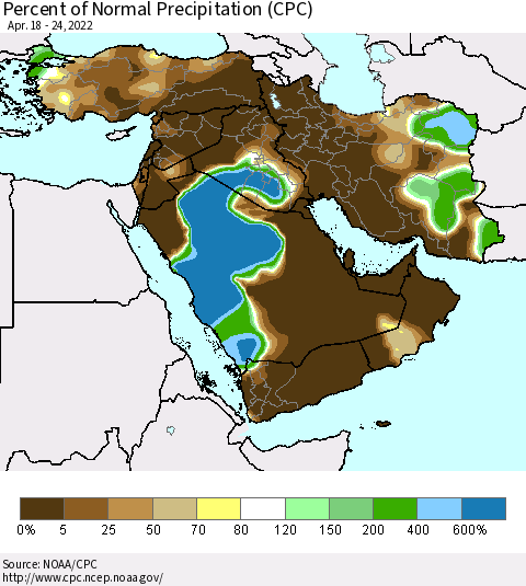 Middle East and Turkey Percent of Normal Precipitation (CPC) Thematic Map For 4/18/2022 - 4/24/2022