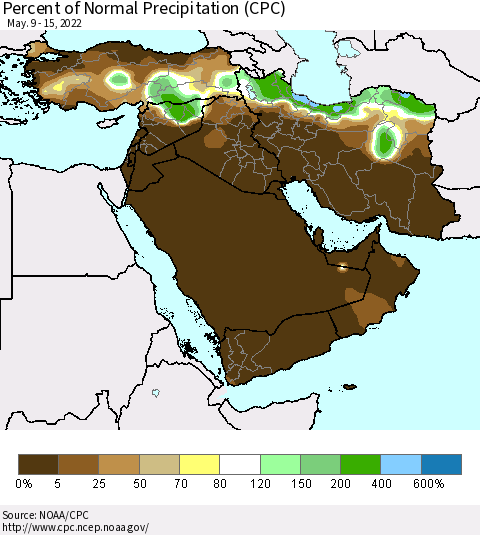 Middle East and Turkey Percent of Normal Precipitation (CPC) Thematic Map For 5/9/2022 - 5/15/2022