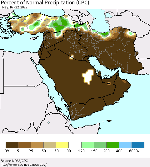 Middle East and Turkey Percent of Normal Precipitation (CPC) Thematic Map For 5/16/2022 - 5/22/2022