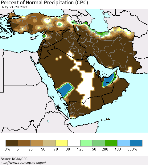 Middle East and Turkey Percent of Normal Precipitation (CPC) Thematic Map For 5/23/2022 - 5/29/2022