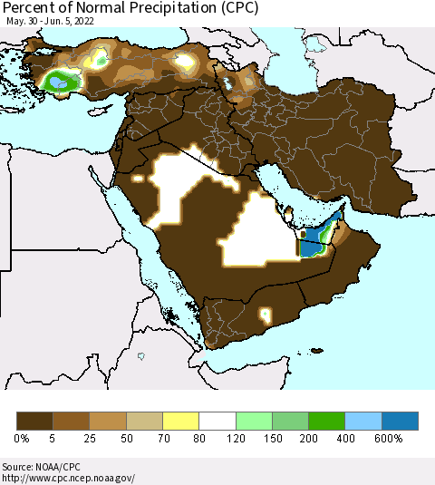 Middle East and Turkey Percent of Normal Precipitation (CPC) Thematic Map For 5/30/2022 - 6/5/2022