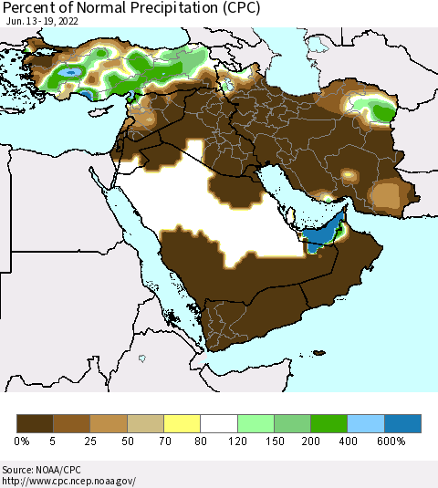 Middle East and Turkey Percent of Normal Precipitation (CPC) Thematic Map For 6/13/2022 - 6/19/2022