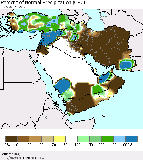 Middle East and Turkey Percent of Normal Precipitation (CPC) Thematic Map For 6/20/2022 - 6/26/2022
