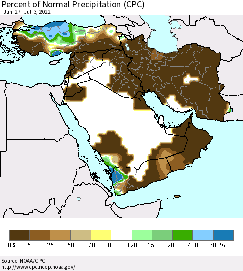 Middle East and Turkey Percent of Normal Precipitation (CPC) Thematic Map For 6/27/2022 - 7/3/2022