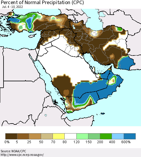 Middle East and Turkey Percent of Normal Precipitation (CPC) Thematic Map For 7/4/2022 - 7/10/2022