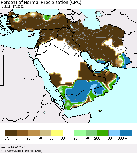 Middle East and Turkey Percent of Normal Precipitation (CPC) Thematic Map For 7/11/2022 - 7/17/2022