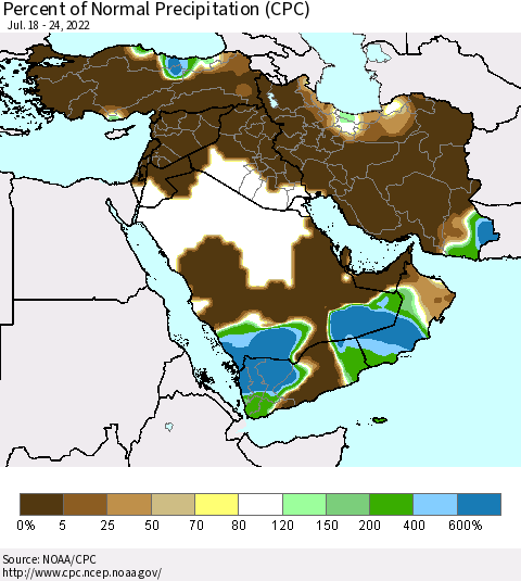 Middle East and Turkey Percent of Normal Precipitation (CPC) Thematic Map For 7/18/2022 - 7/24/2022