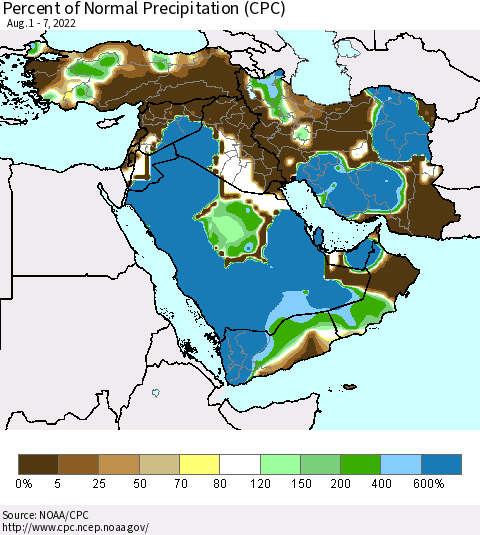 Middle East and Turkey Percent of Normal Precipitation (CPC) Thematic Map For 8/1/2022 - 8/7/2022
