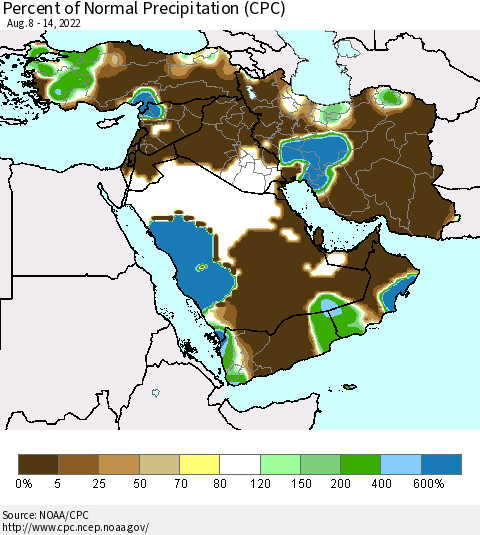 Middle East and Turkey Percent of Normal Precipitation (CPC) Thematic Map For 8/8/2022 - 8/14/2022