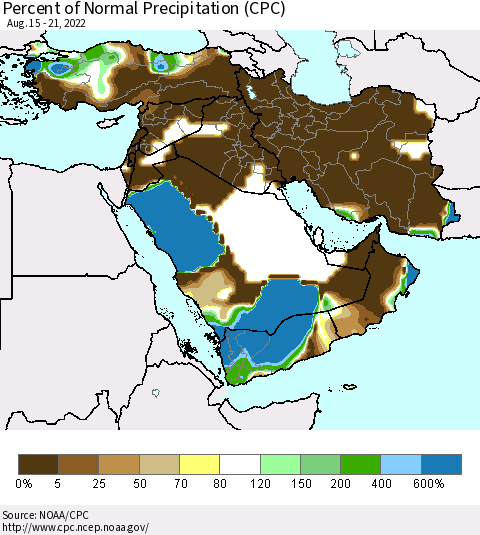Middle East and Turkey Percent of Normal Precipitation (CPC) Thematic Map For 8/15/2022 - 8/21/2022
