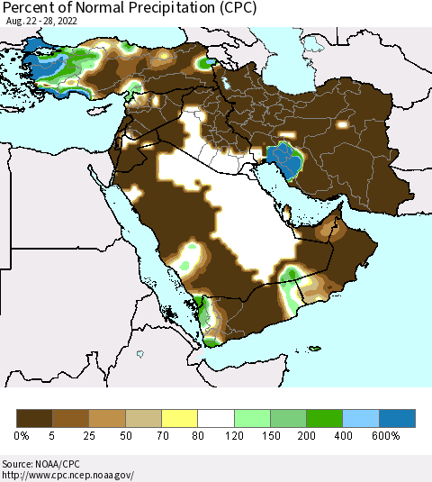Middle East and Turkey Percent of Normal Precipitation (CPC) Thematic Map For 8/22/2022 - 8/28/2022
