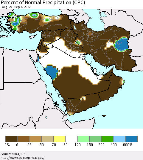 Middle East and Turkey Percent of Normal Precipitation (CPC) Thematic Map For 8/29/2022 - 9/4/2022