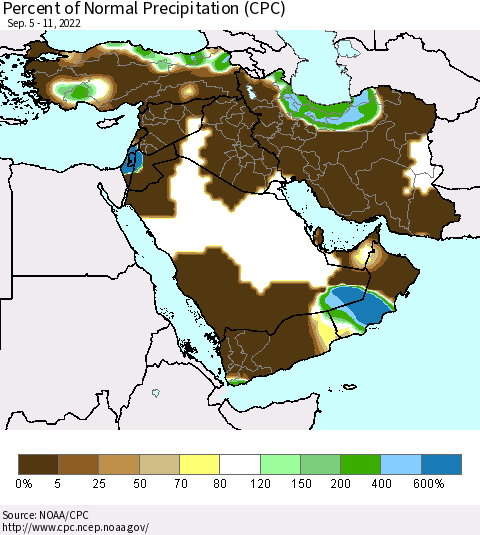 Middle East and Turkey Percent of Normal Precipitation (CPC) Thematic Map For 9/5/2022 - 9/11/2022