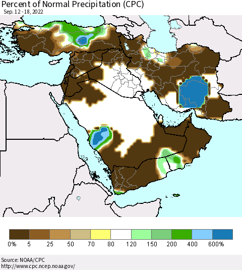 Middle East and Turkey Percent of Normal Precipitation (CPC) Thematic Map For 9/12/2022 - 9/18/2022