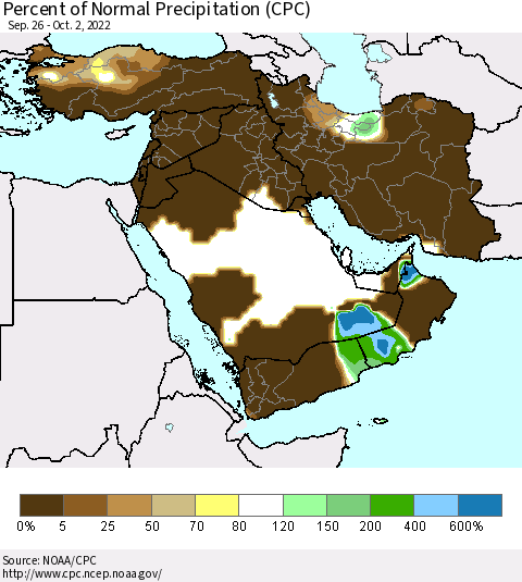 Middle East and Turkey Percent of Normal Precipitation (CPC) Thematic Map For 9/26/2022 - 10/2/2022
