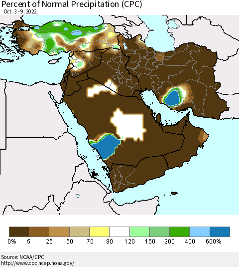 Middle East and Turkey Percent of Normal Precipitation (CPC) Thematic Map For 10/3/2022 - 10/9/2022