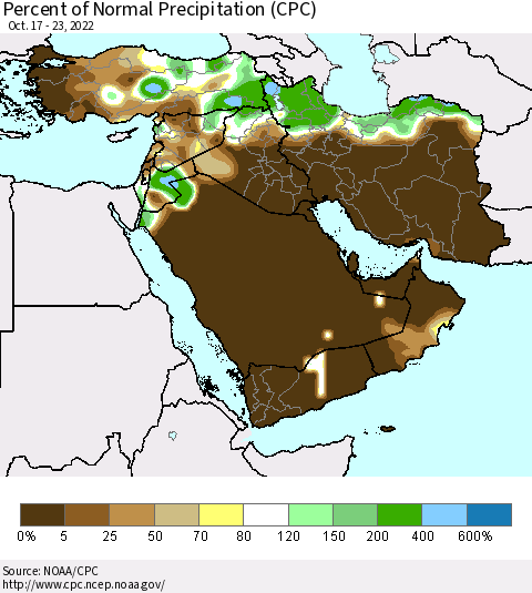 Middle East and Turkey Percent of Normal Precipitation (CPC) Thematic Map For 10/17/2022 - 10/23/2022