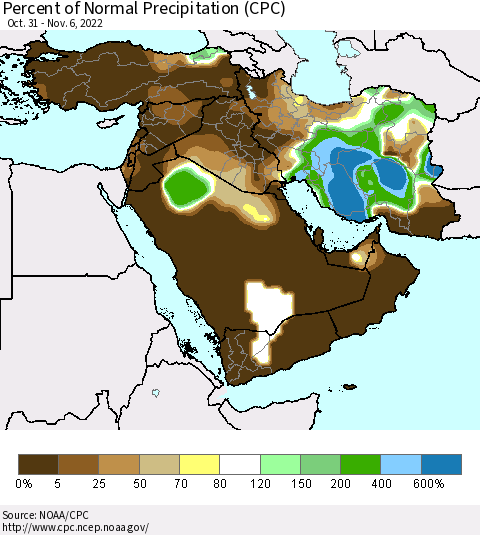 Middle East and Turkey Percent of Normal Precipitation (CPC) Thematic Map For 10/31/2022 - 11/6/2022