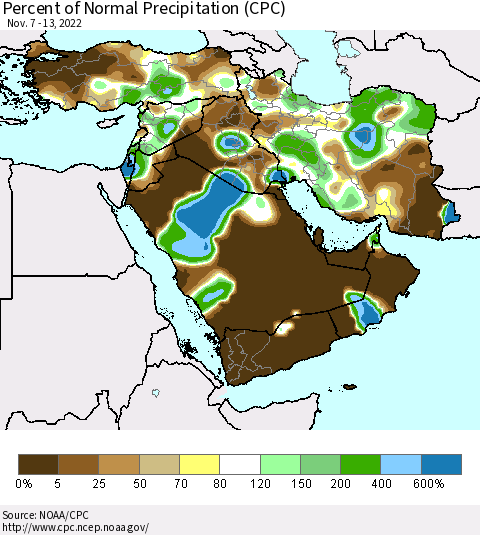 Middle East and Turkey Percent of Normal Precipitation (CPC) Thematic Map For 11/7/2022 - 11/13/2022
