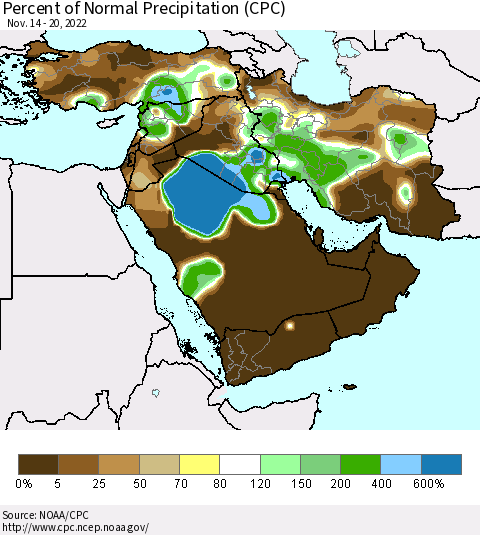 Middle East and Turkey Percent of Normal Precipitation (CPC) Thematic Map For 11/14/2022 - 11/20/2022