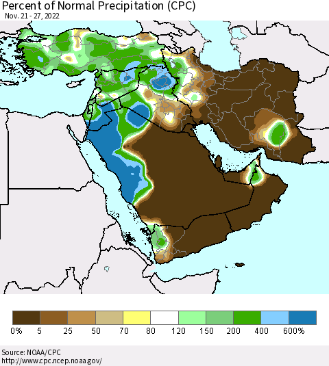 Middle East and Turkey Percent of Normal Precipitation (CPC) Thematic Map For 11/21/2022 - 11/27/2022