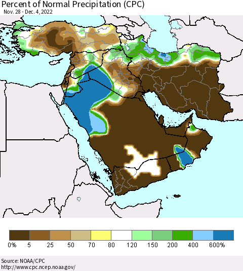 Middle East and Turkey Percent of Normal Precipitation (CPC) Thematic Map For 11/28/2022 - 12/4/2022