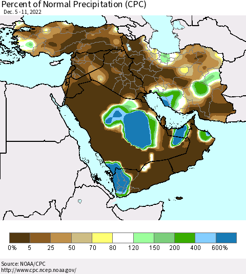 Middle East and Turkey Percent of Normal Precipitation (CPC) Thematic Map For 12/5/2022 - 12/11/2022