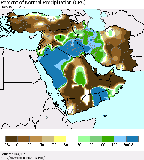 Middle East and Turkey Percent of Normal Precipitation (CPC) Thematic Map For 12/19/2022 - 12/25/2022