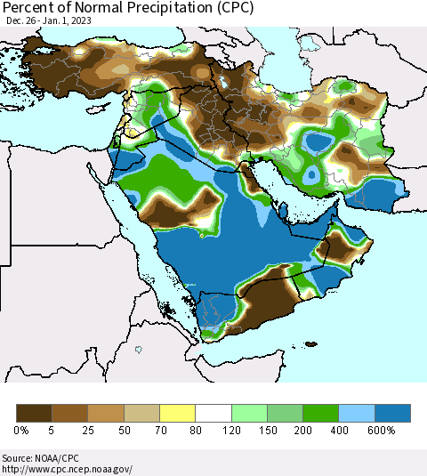 Middle East and Turkey Percent of Normal Precipitation (CPC) Thematic Map For 12/26/2022 - 1/1/2023